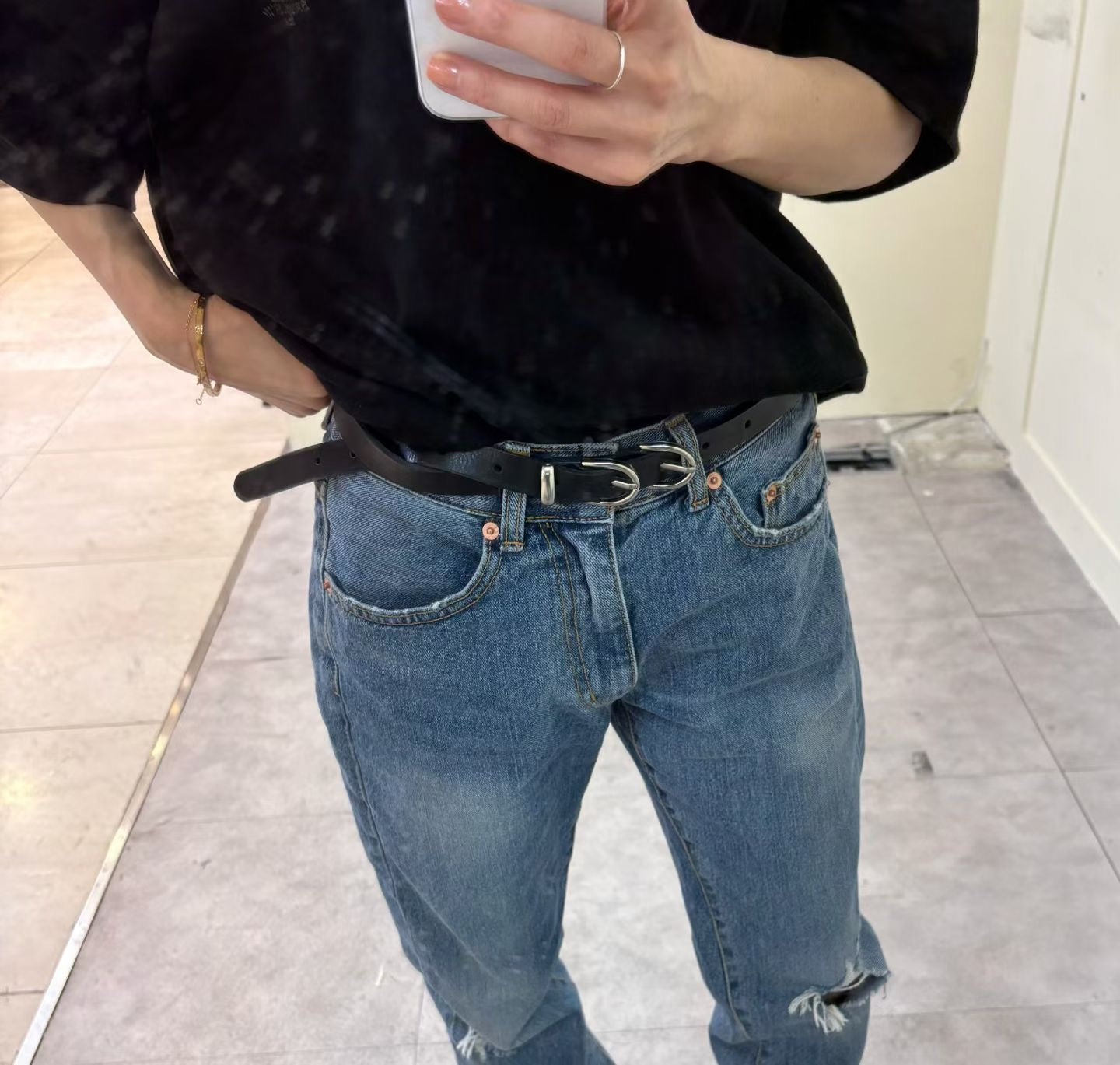 AC22039- 韓國雙環扣真牛皮細版皮帶