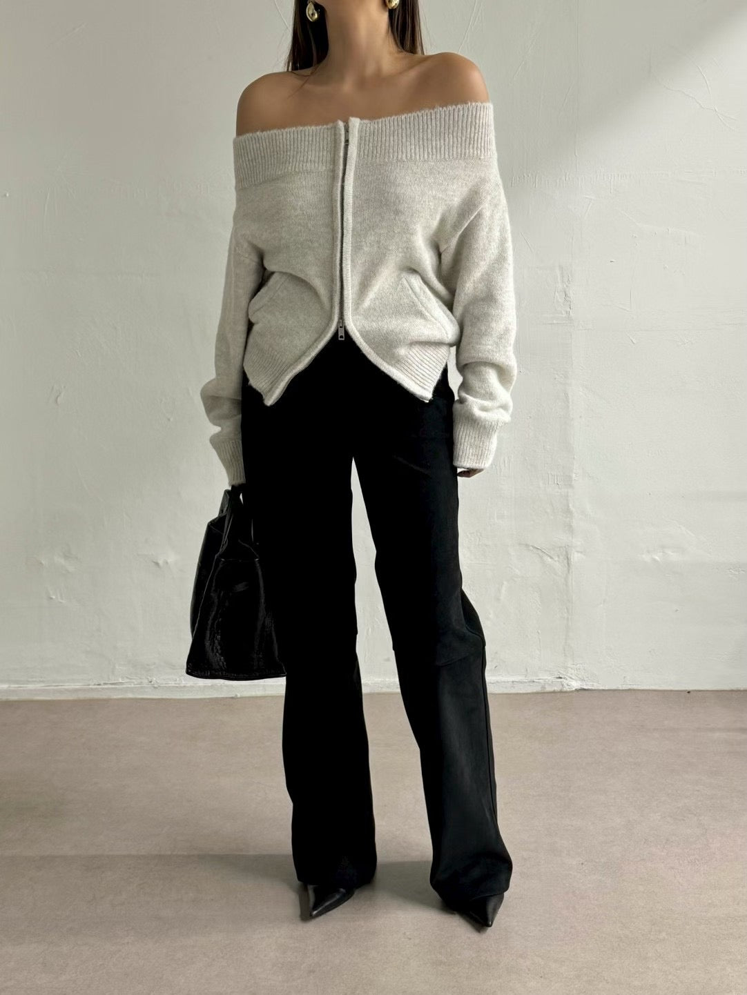 TP22086- 韓國法式羊毛混紡一字領寬鬆長袖毛衣