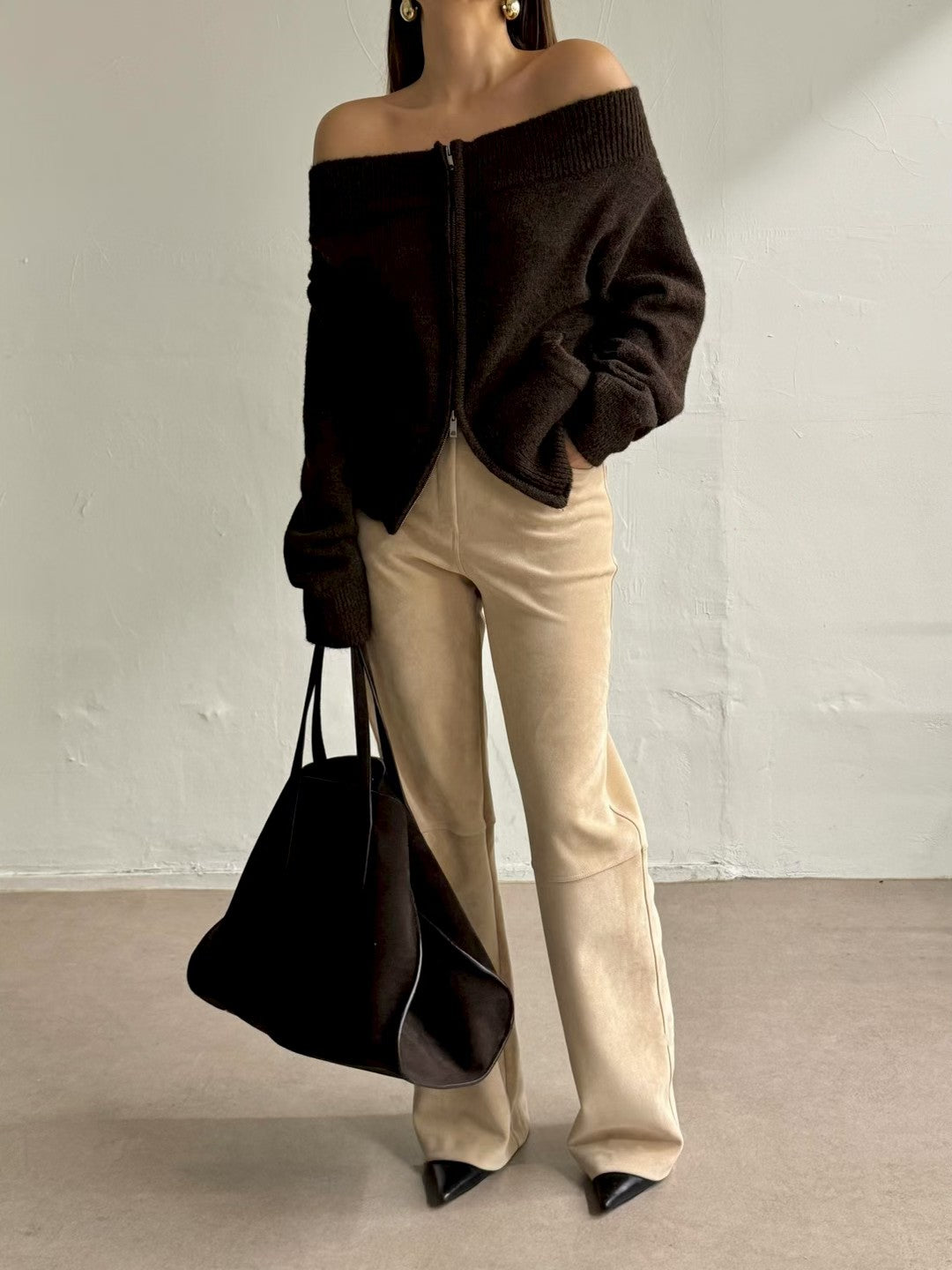 TP22086- 韓國法式羊毛混紡一字領寬鬆長袖毛衣