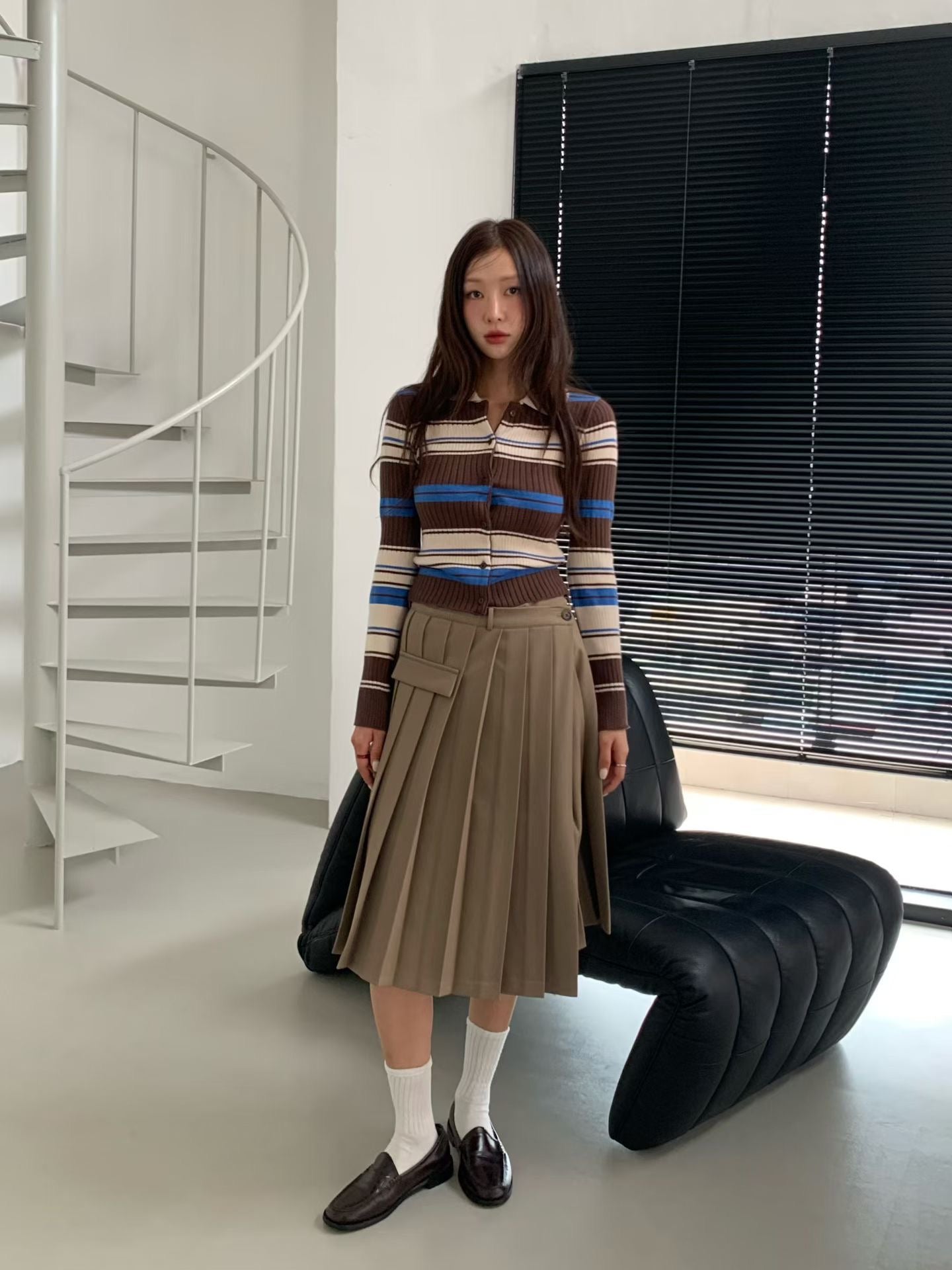 TP22006- 韓國短身復古修身撞色條紋毛衣針織開襟衫