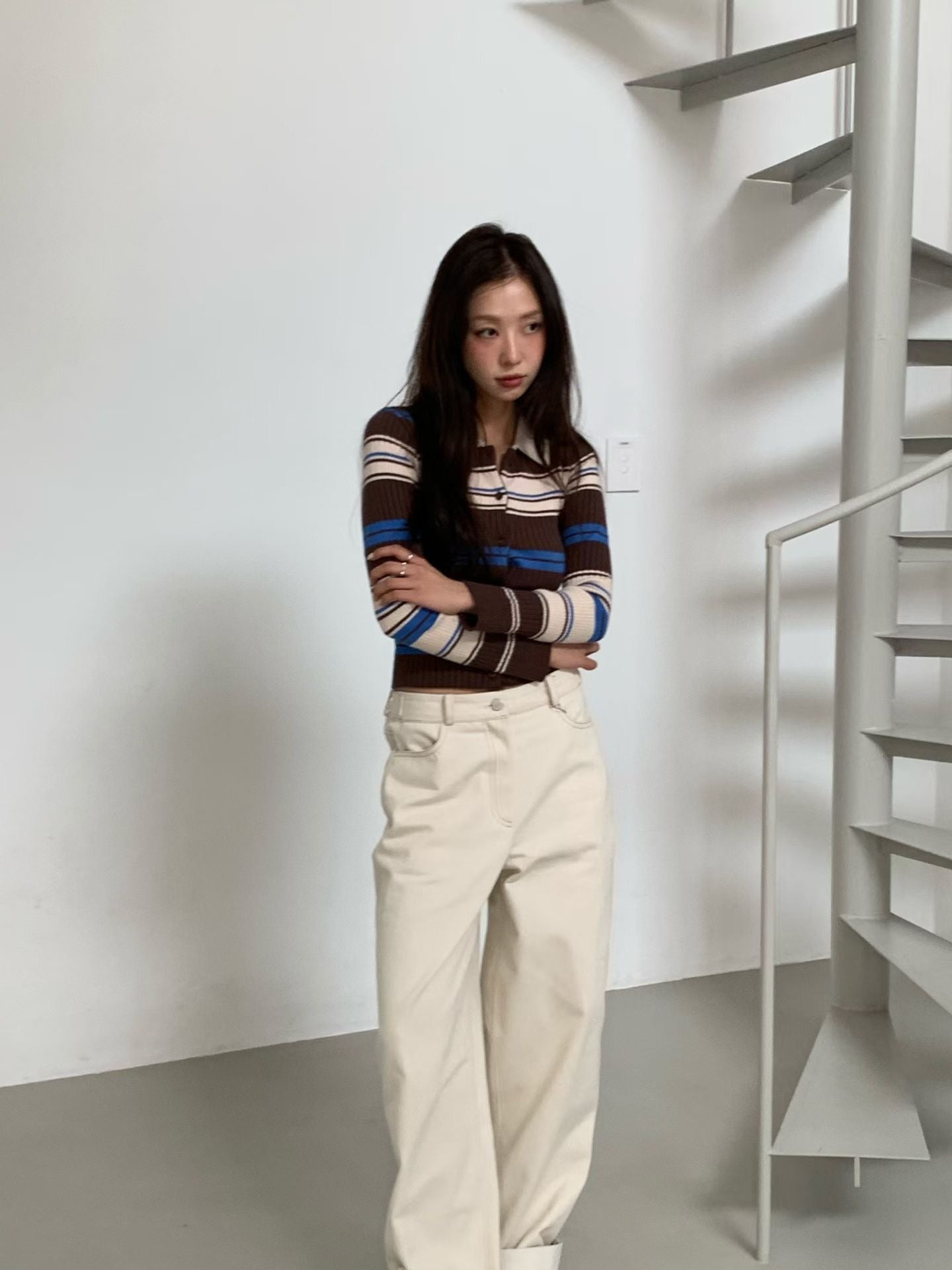 TP22006- 韓國短身復古修身撞色條紋毛衣針織開襟衫