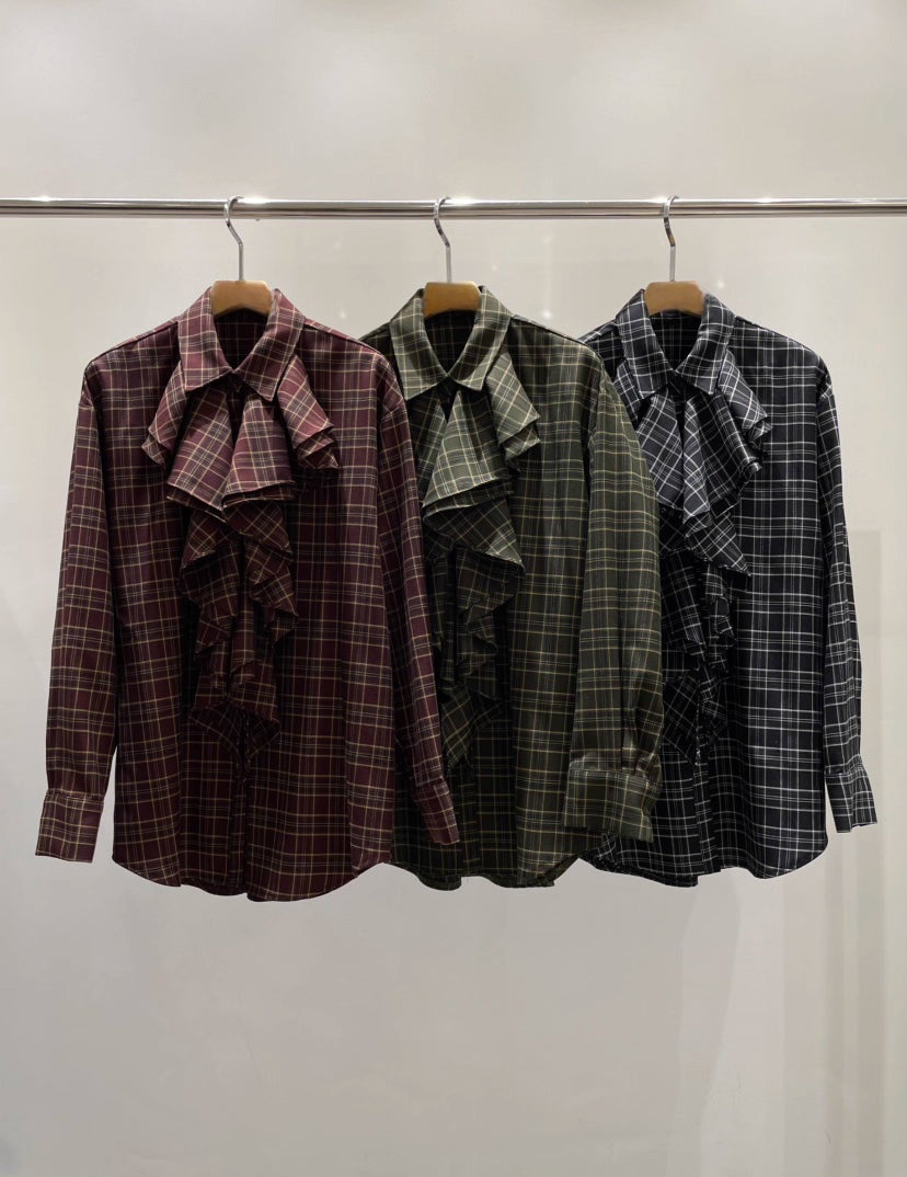 TP22073- 韓國設計師款復古浪漫格紋荷葉邊長袖襯衫