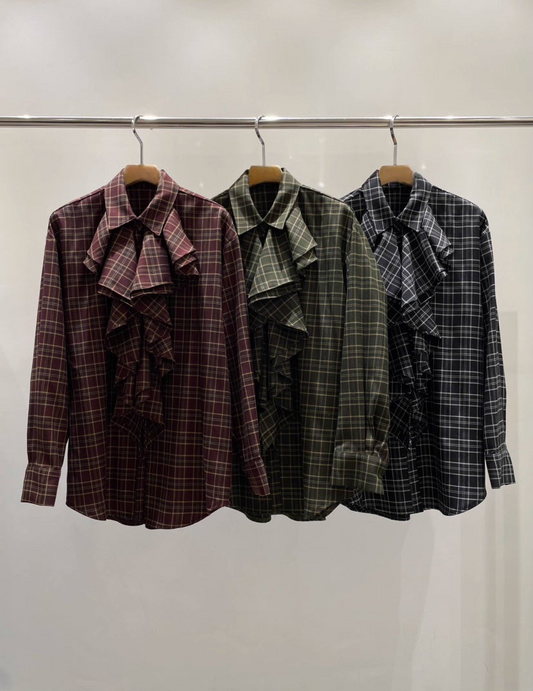 TP22073- 韓國設計師款復古浪漫格紋荷葉邊長袖襯衫