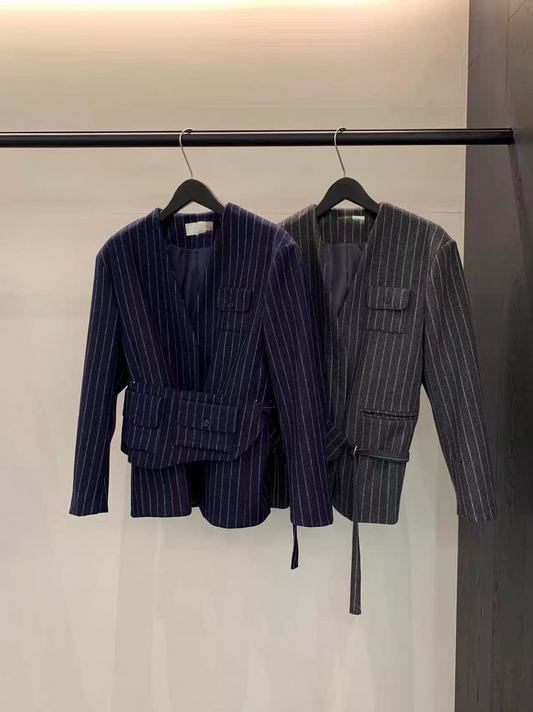 JK22083- 韓國率性無領條紋拉鍊西裝外套