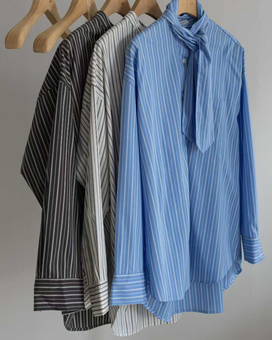 TP22309- 韓國早春新款法式繫帶條紋長袖襯衫