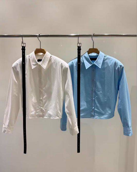 TP22303- 韓國設計師早春新款極簡府綢收腰皮帶襯衫