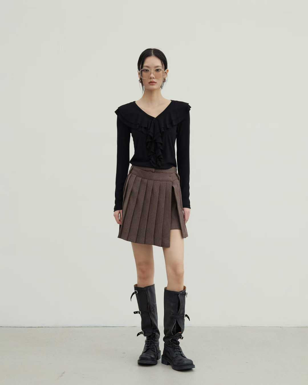 TP22016- 韓國設計師款荷葉領氣質修身長袖T恤上衣