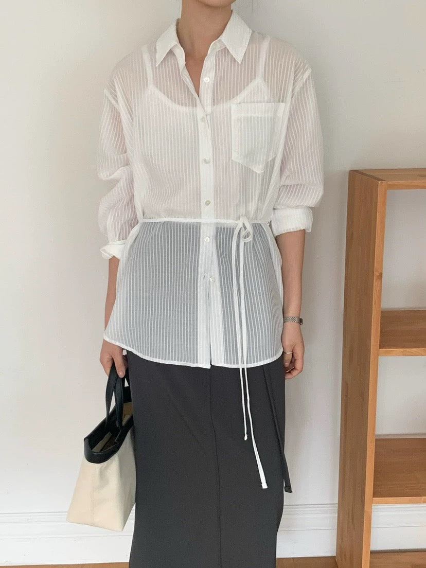 (OUTFIT 02) ST21512B- 顯瘦大長腿女神氣質襯衫配前中開衩長裙