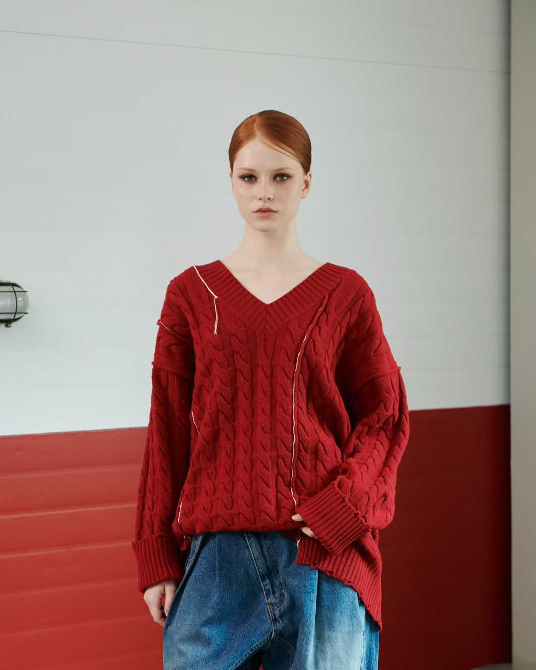 TP21996B- 韓國設計師款oversize手工縫線麻花V領毛衣(不包腰带)