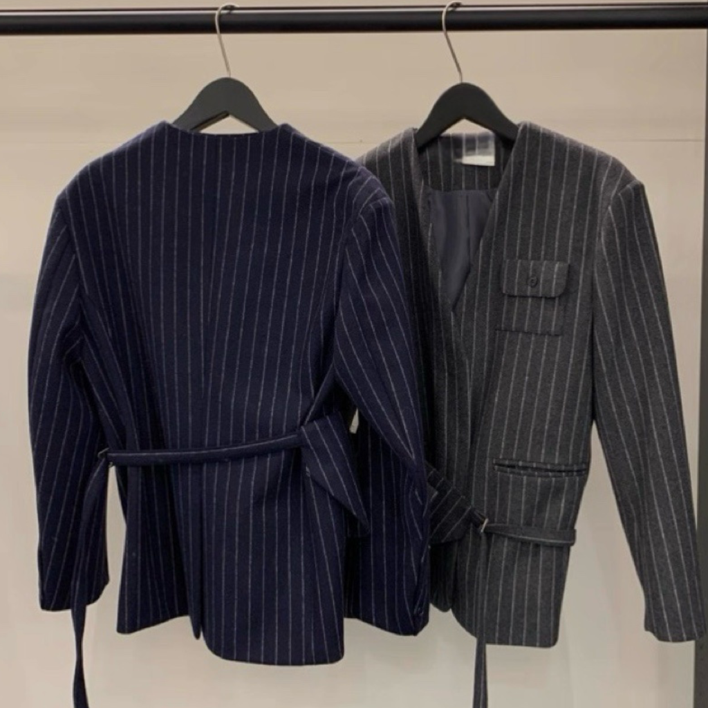 JK22083- 韓國率性無領條紋拉鍊西裝外套