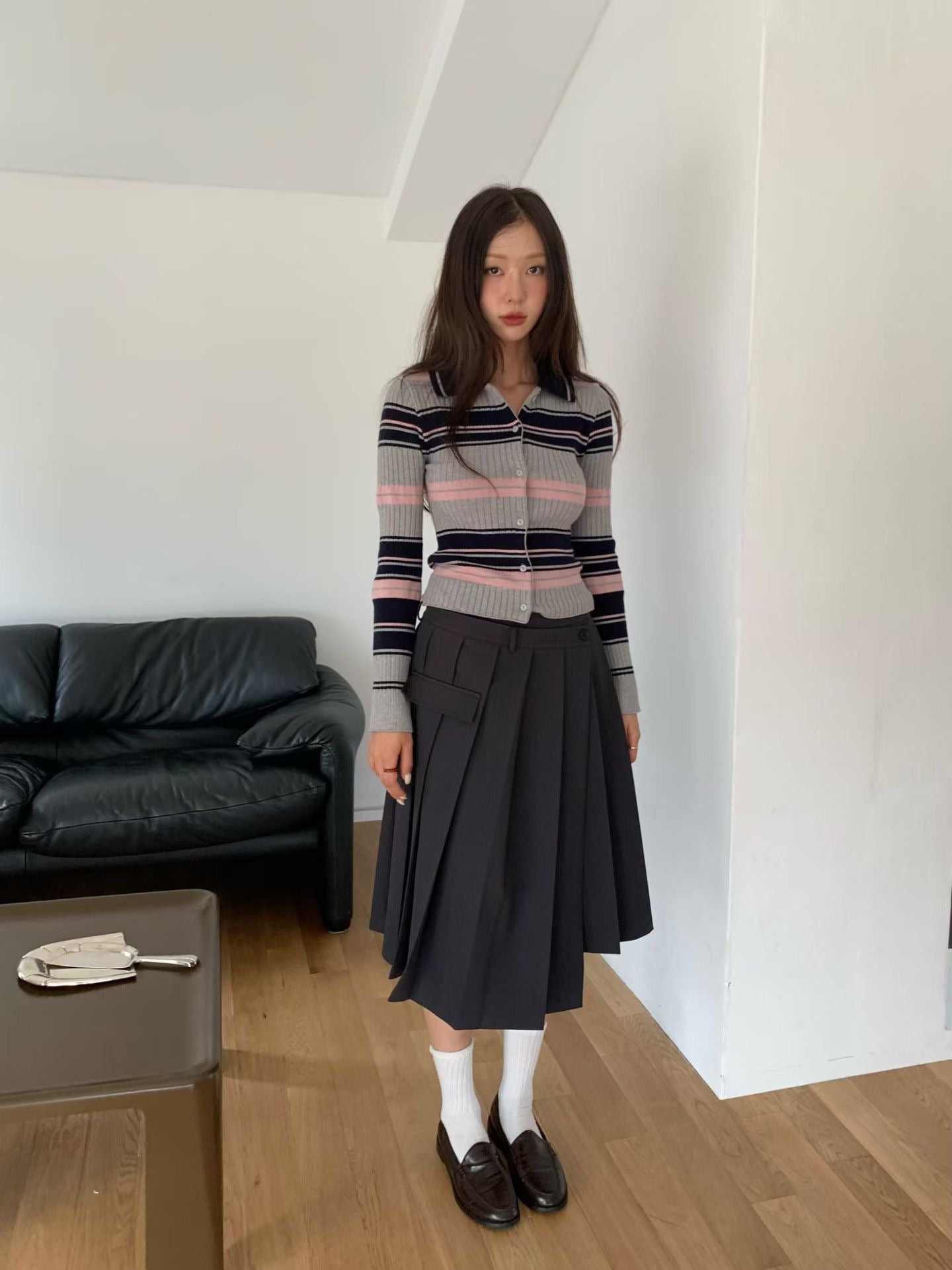 TP22006- 韓國短身復古修身撞色條紋毛衣針織開襟衫