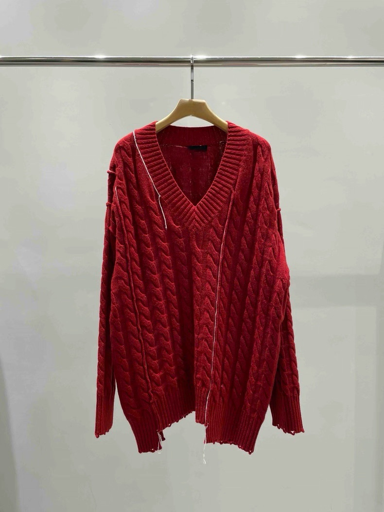 TP21996B- 韓國設計師款oversize手工縫線麻花V領毛衣(不包腰带)