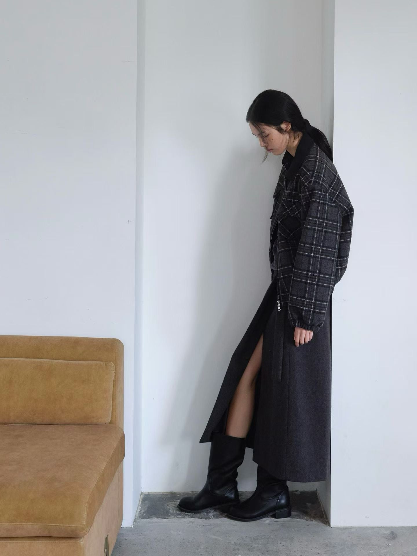 OT22028- 韓國設計師款學院風格紋毛呢短版外套