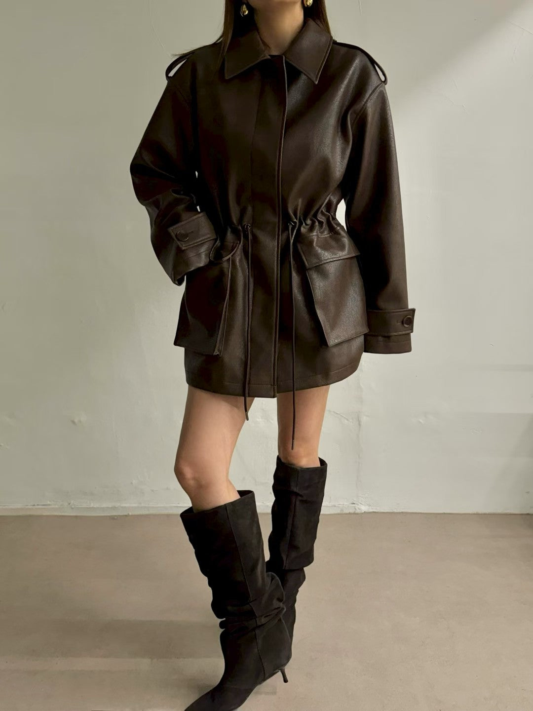 JK22089- 韓國PU皮革寬鬆機車外套