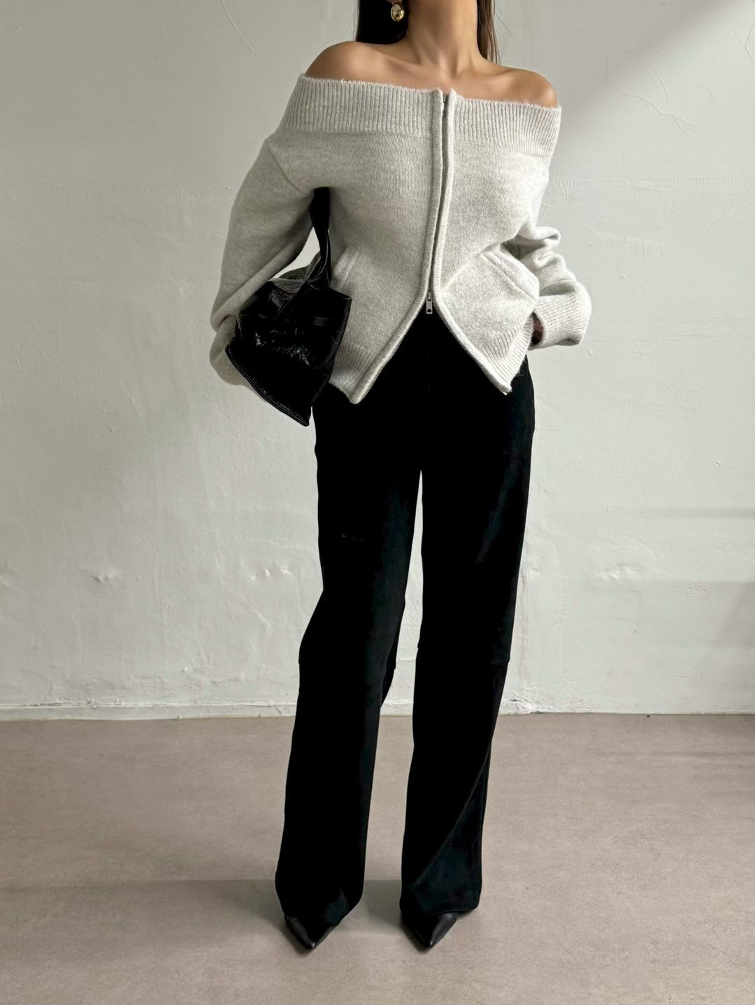 TP22086- 韓國法式羊毛混紡一字領寬鬆長袖毛衣