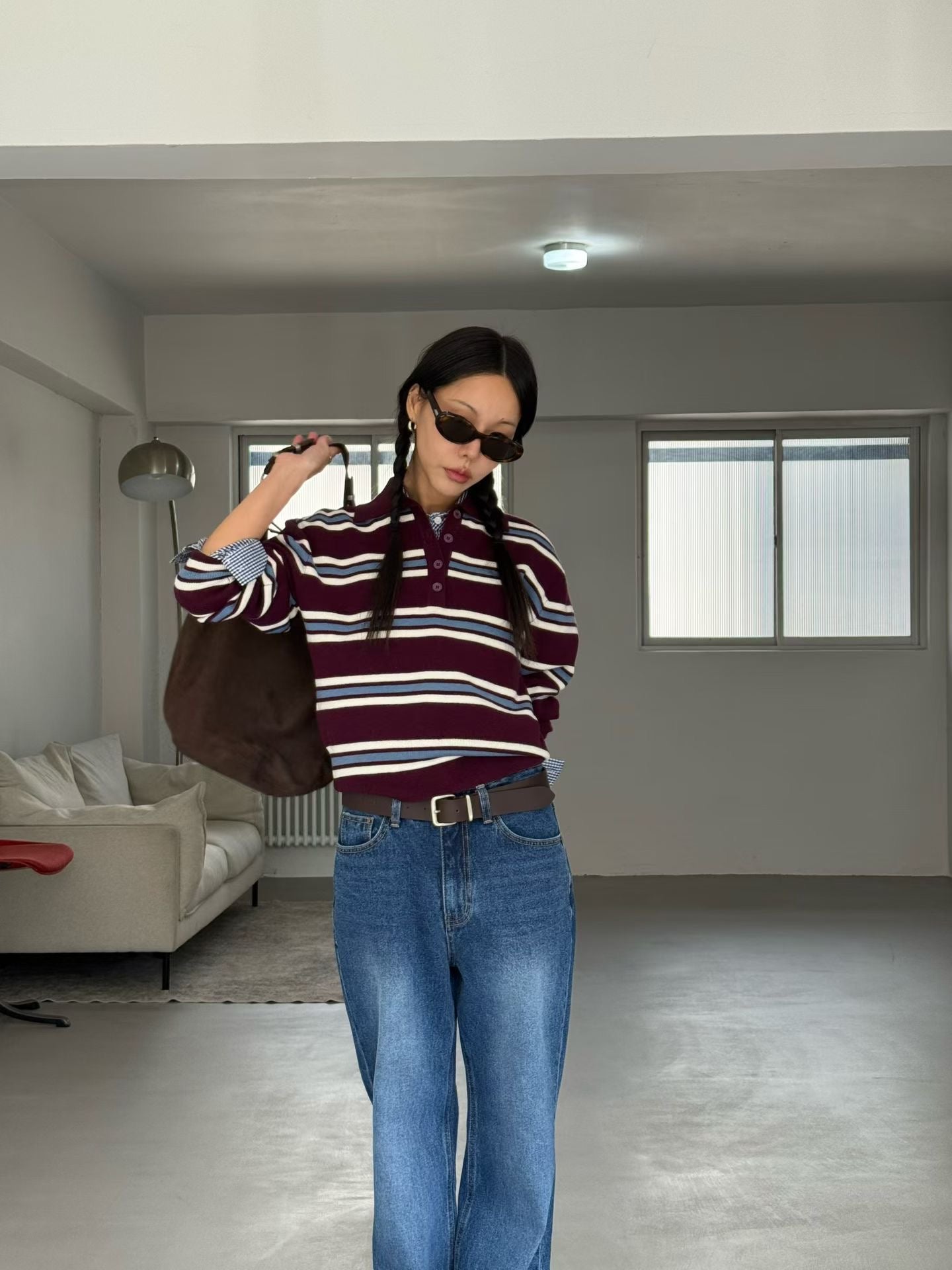 TP22025- 韓國撞色條紋短版POLO針織衫