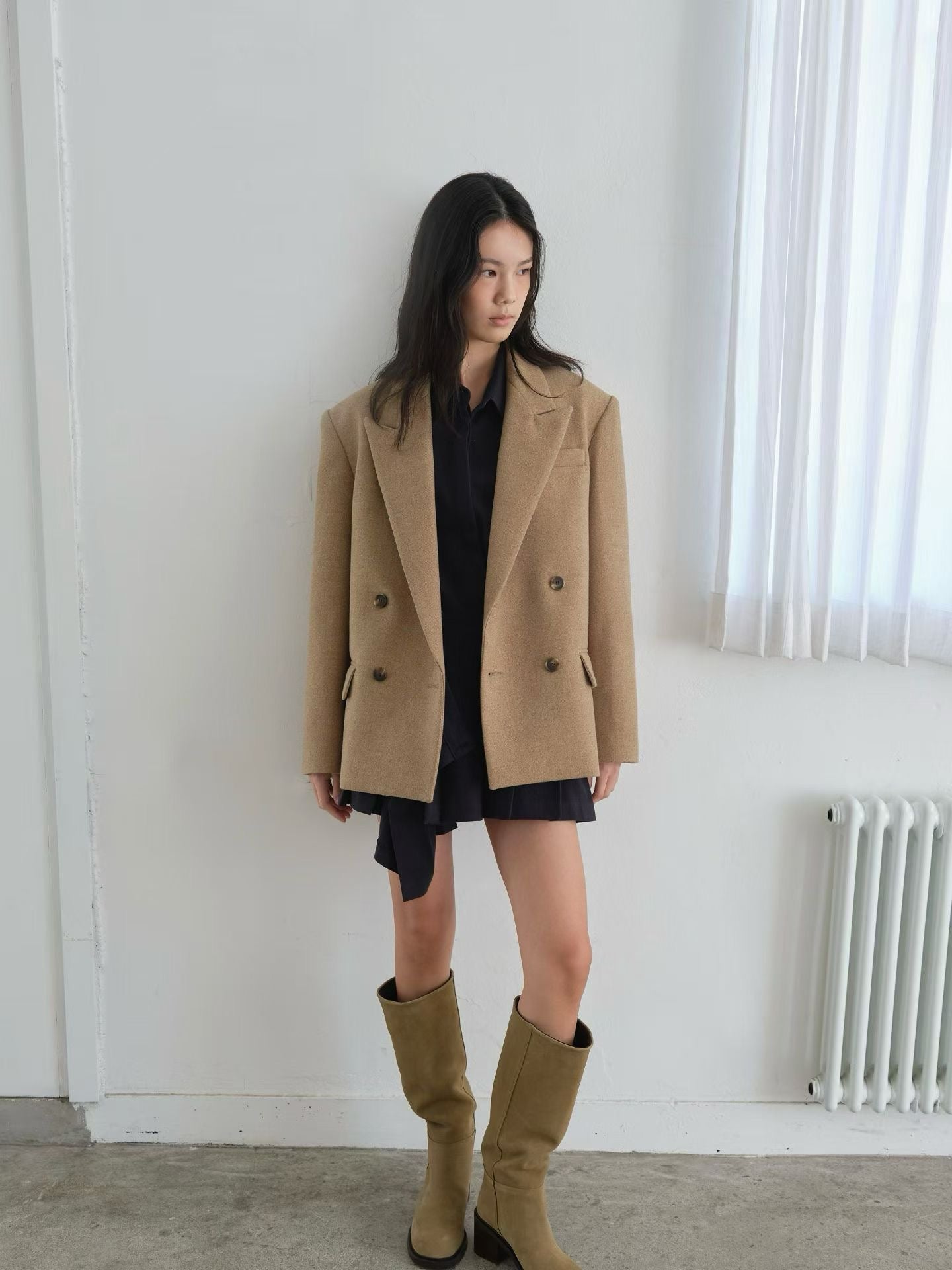 OT22026- 韓國設計師款經典寛鬆百搭毛呢雙排扣西裝