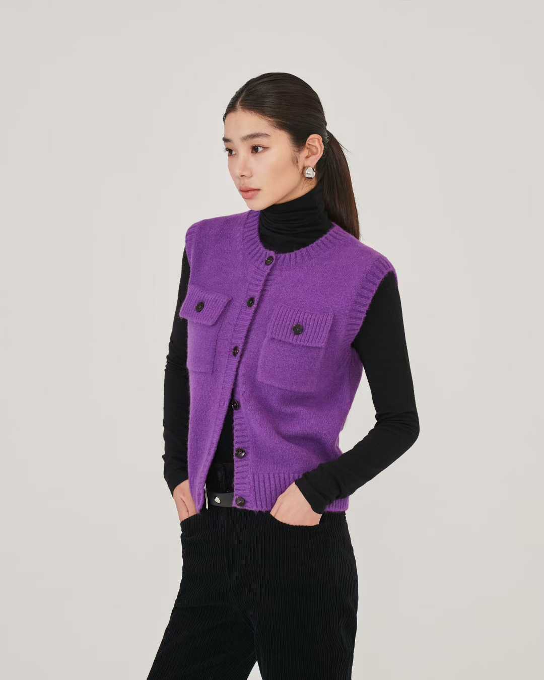 TP22078- 韓國設計師款學院復古雙口袋羊毛混紡針織背心