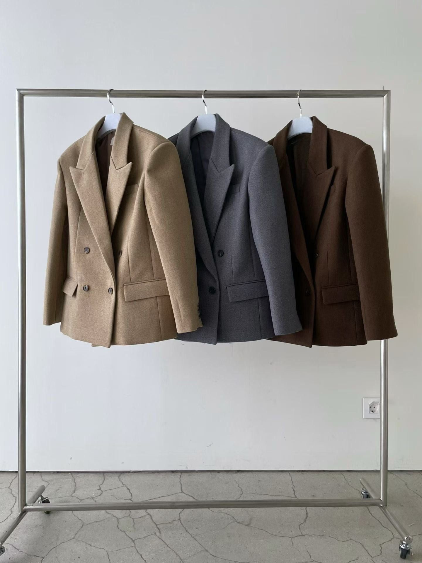 OT22026- 韓國設計師款經典寛鬆百搭毛呢雙排扣西裝