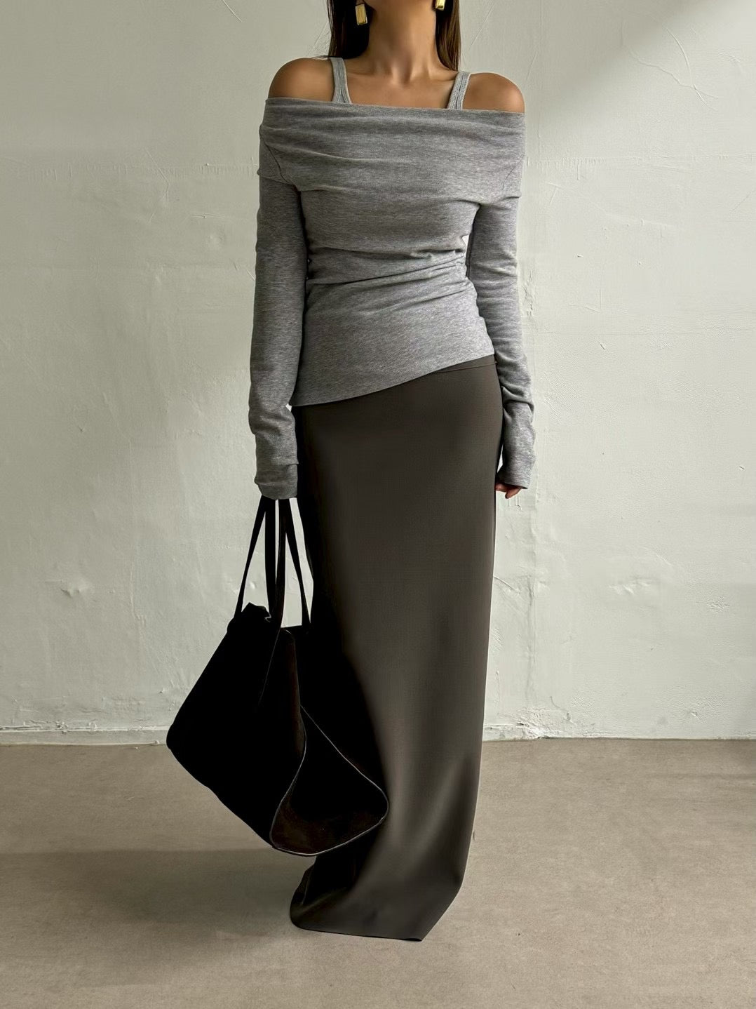 TP22019- 韓國秋冬性感羊絨混紡垂墜露肩長袖上衣