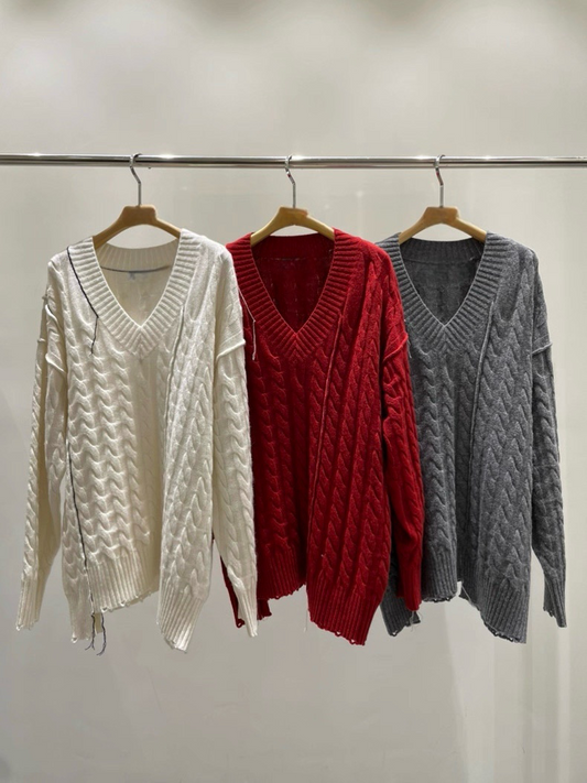 TP21996B- 韓國設計師款oversize手工縫線麻花V領毛衣(不包腰带)