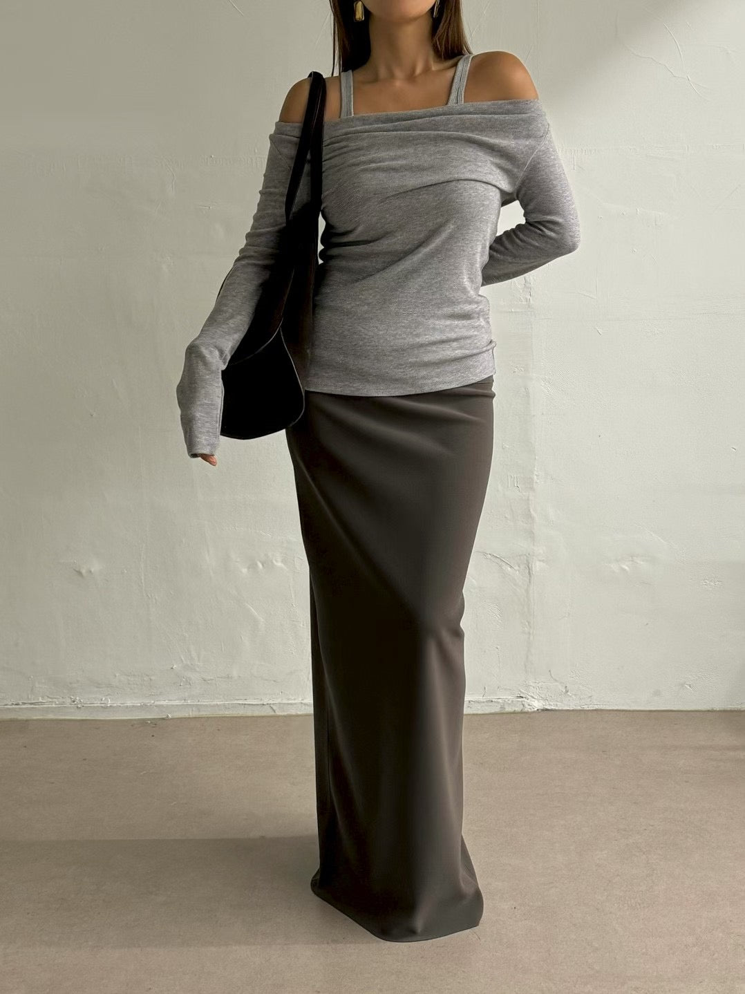 TP22019- 韓國秋冬性感羊絨混紡垂墜露肩長袖上衣