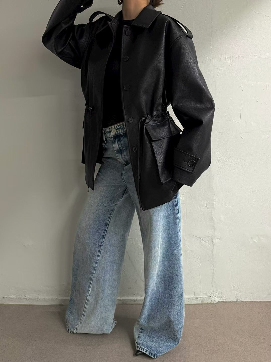 JK22089- 韓國PU皮革寬鬆機車外套