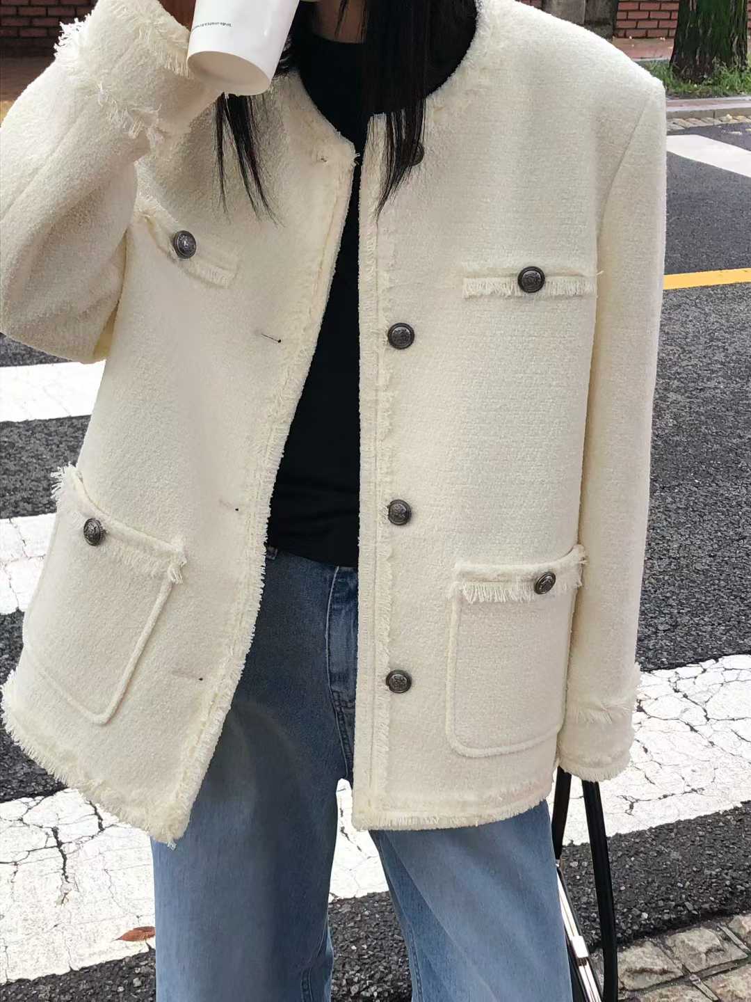 JK22086B- 韓國小香風輕奢優雅粗花呢外套