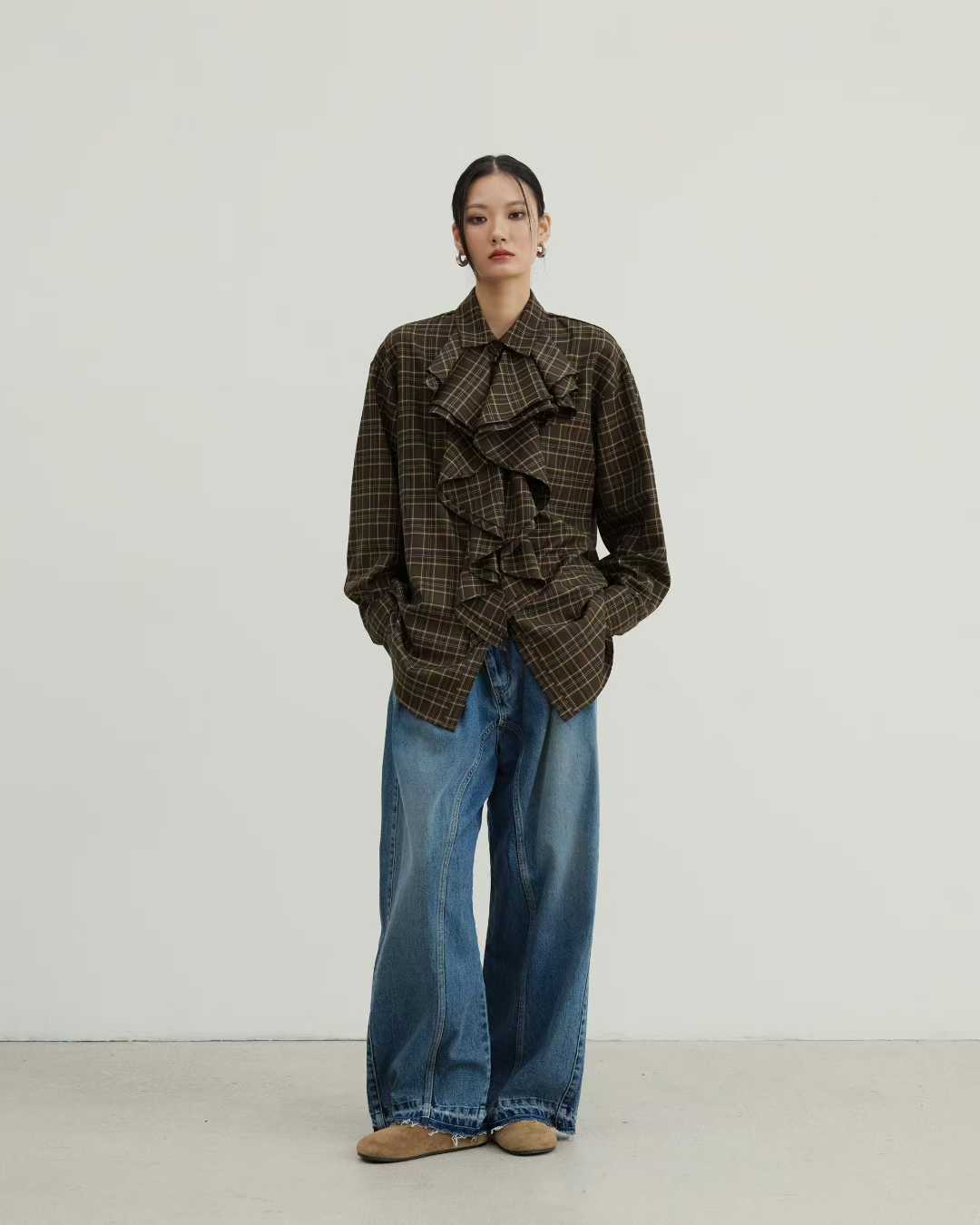 TP22073- 韓國設計師款復古浪漫格紋荷葉邊長袖襯衫