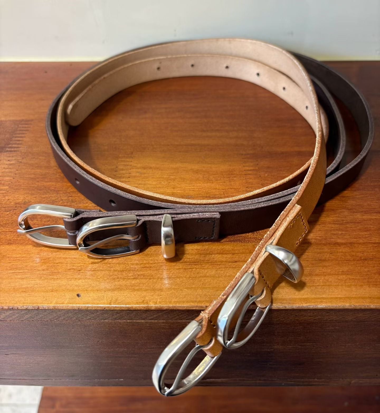 AC22039- 韓國雙環扣真牛皮細版皮帶