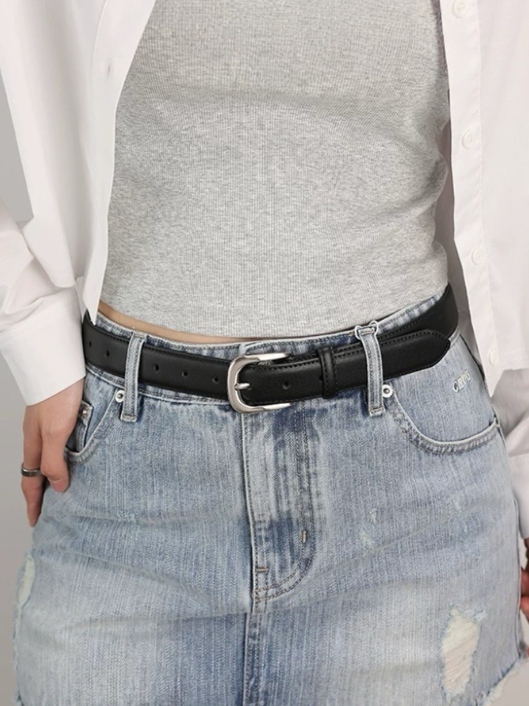 AC22032 - 百搭經典銀釦細版真牛皮皮帶