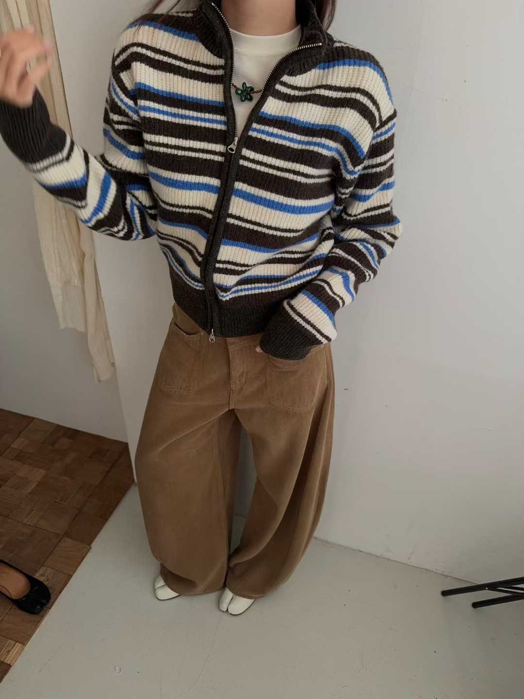 TP22080- 韓國高質感羊駝毛混紡條紋休閒針織外套