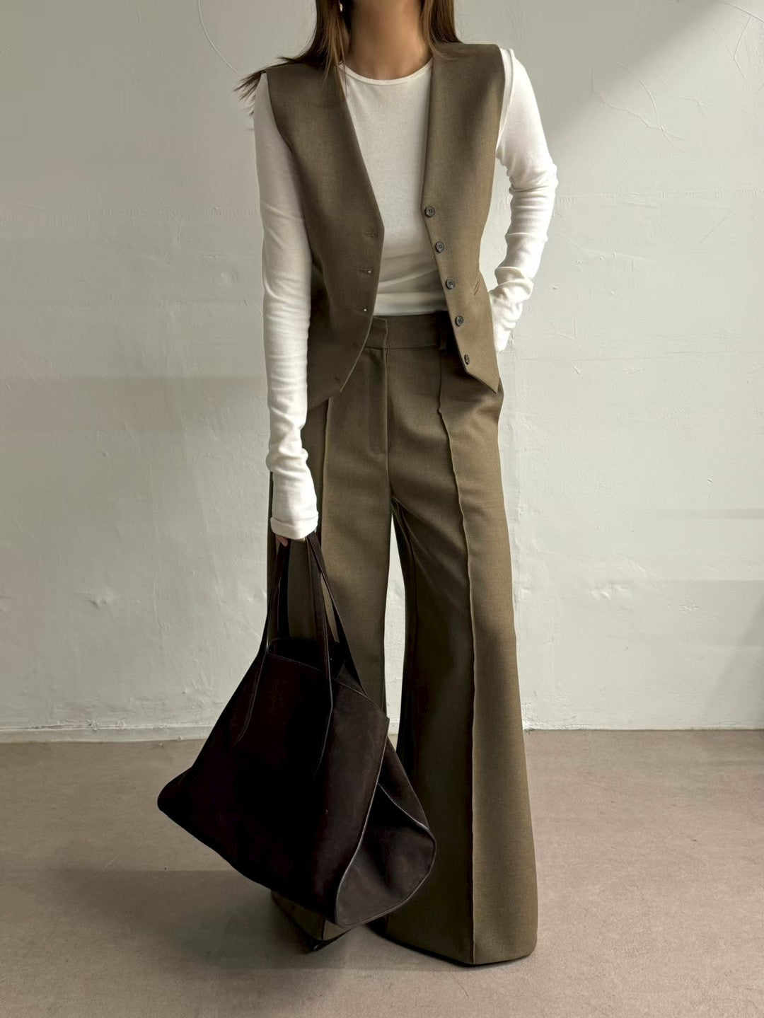 ST22090- 韓國西裝馬甲背心 + 寬鬆直筒褲兩件套