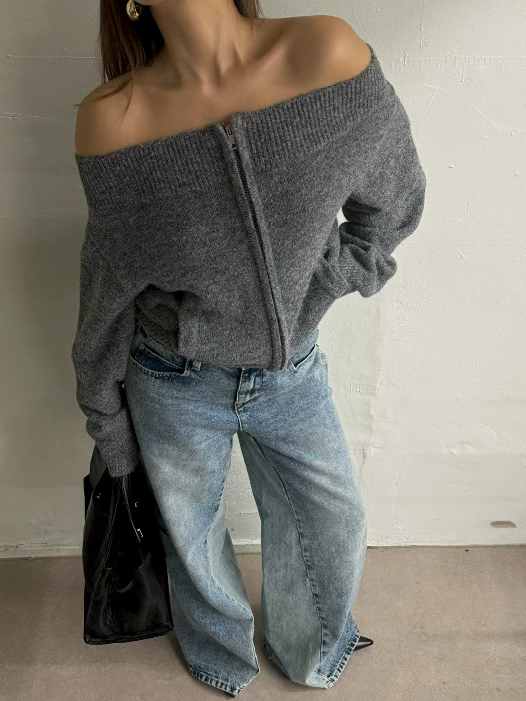 TP22086- 韓國法式羊毛混紡一字領寬鬆長袖毛衣