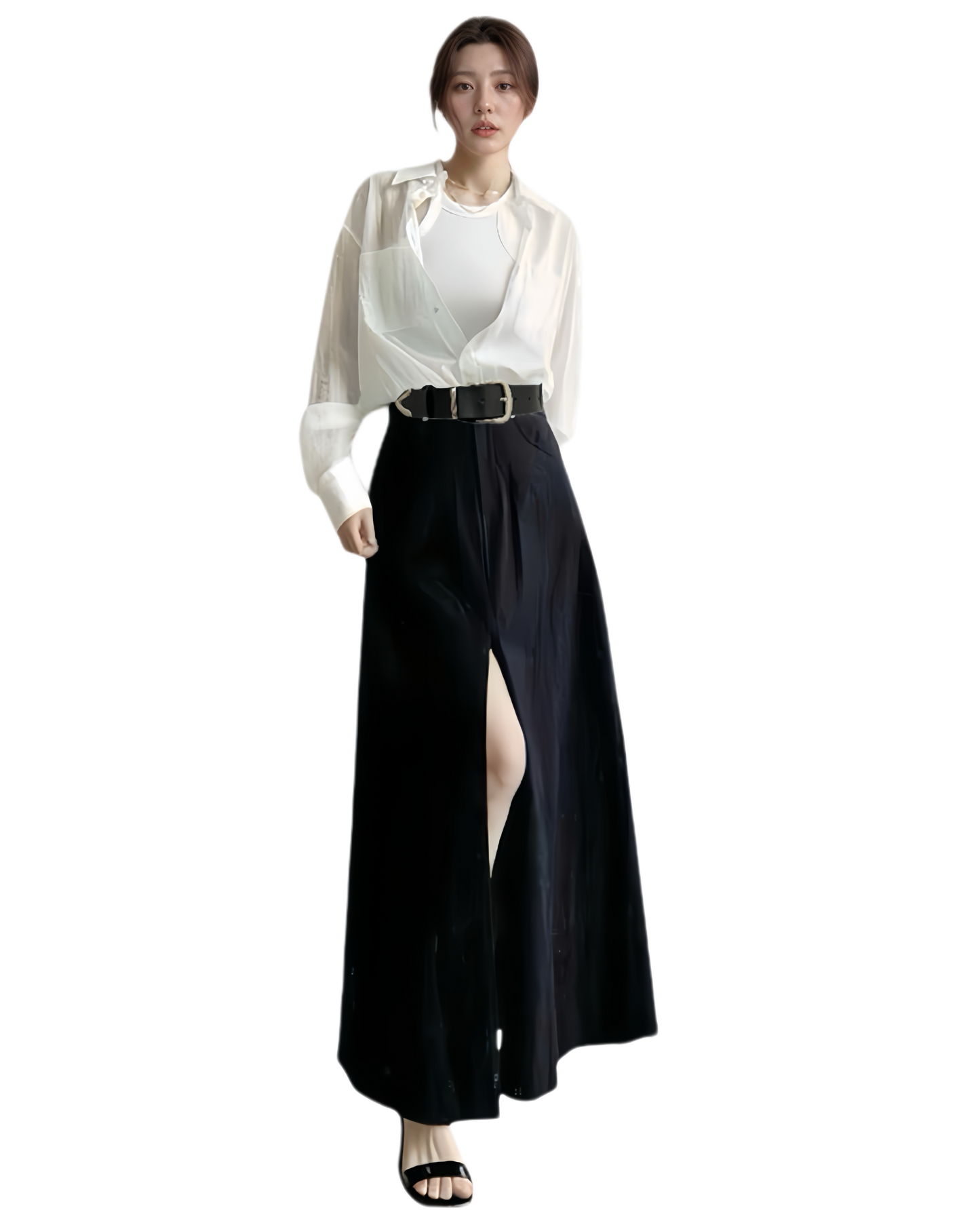 (OUTFIT 02) ST21512B- 顯瘦大長腿女神氣質襯衫配前中開衩長裙