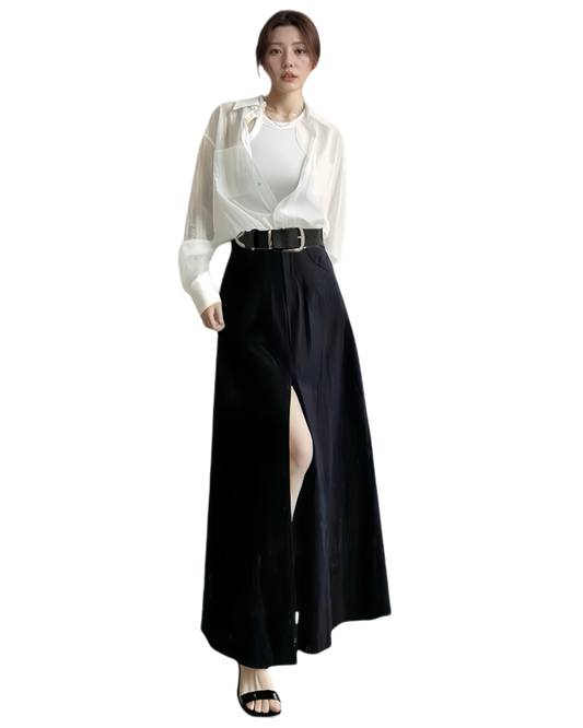 (OUTFIT 02) ST21512B- 顯瘦大長腿女神氣質襯衫配前中開衩長裙