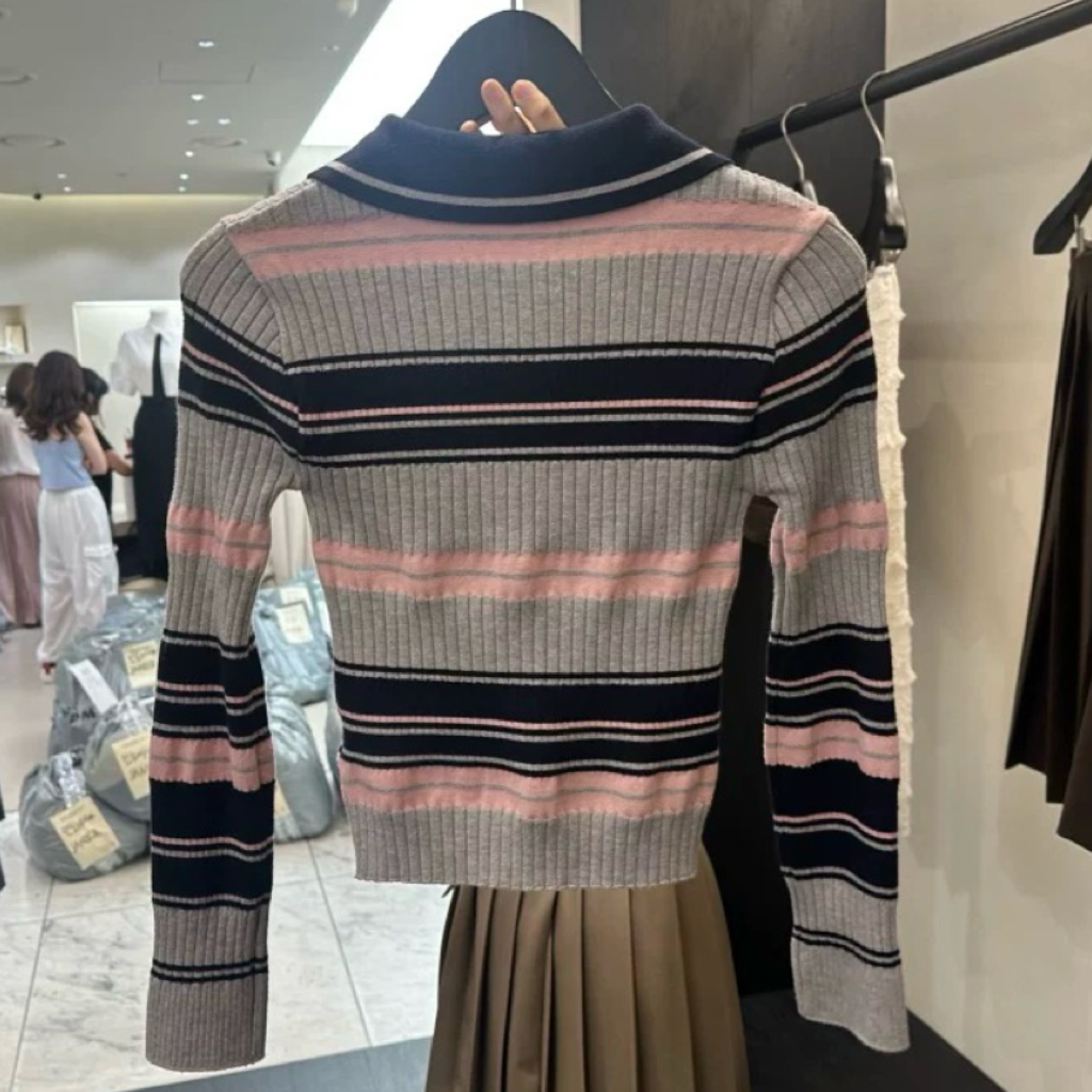 TP22006- 韓國短身復古修身撞色條紋毛衣針織開襟衫