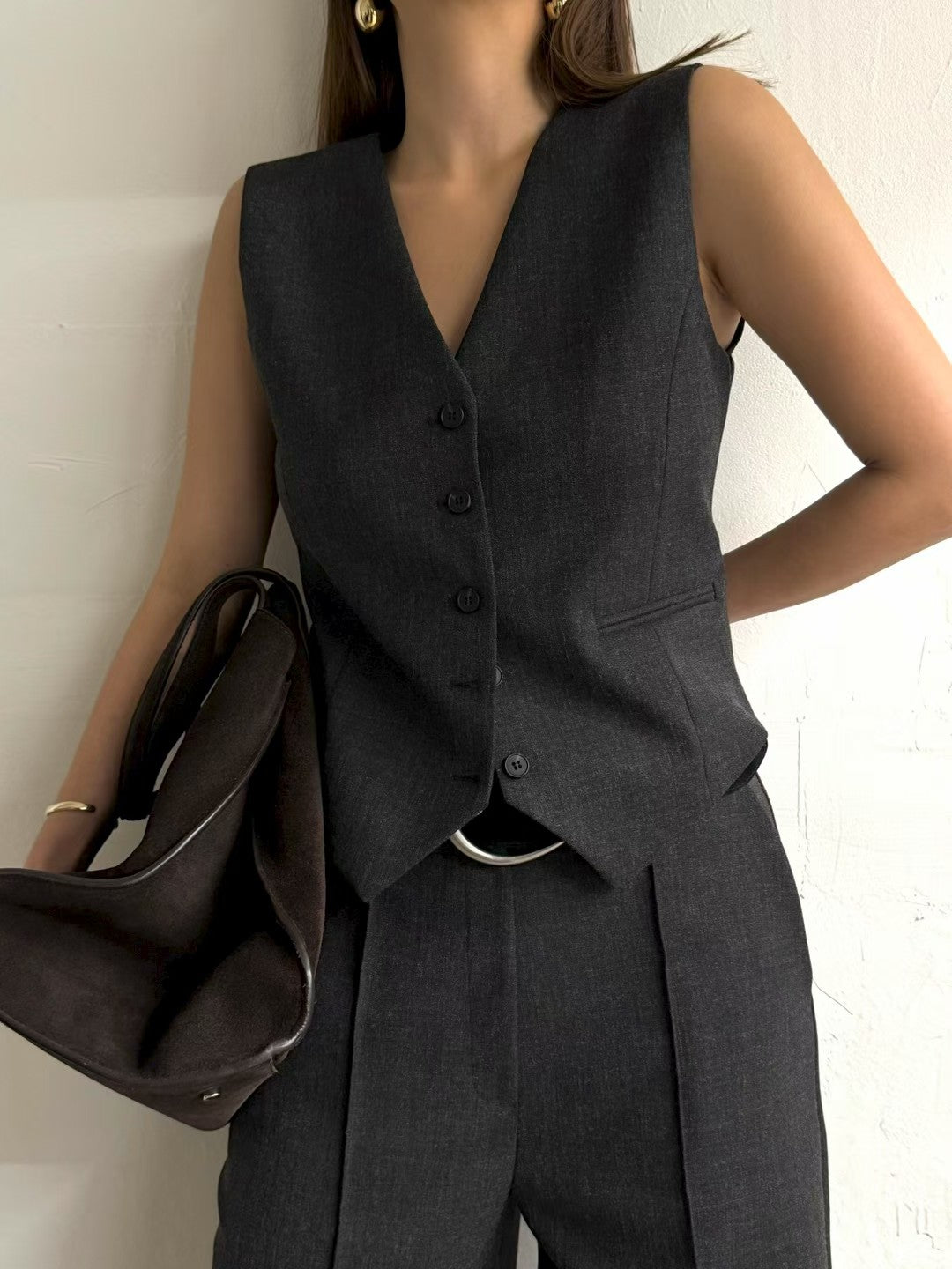 ST22090- 韓國西裝馬甲背心 + 寬鬆直筒褲兩件套