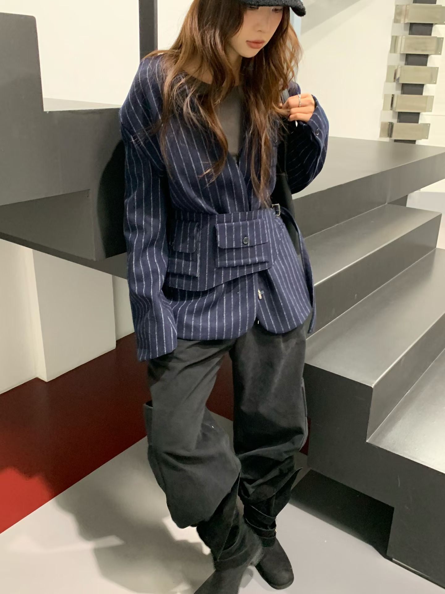 JK22083- 韓國率性無領條紋拉鍊西裝外套