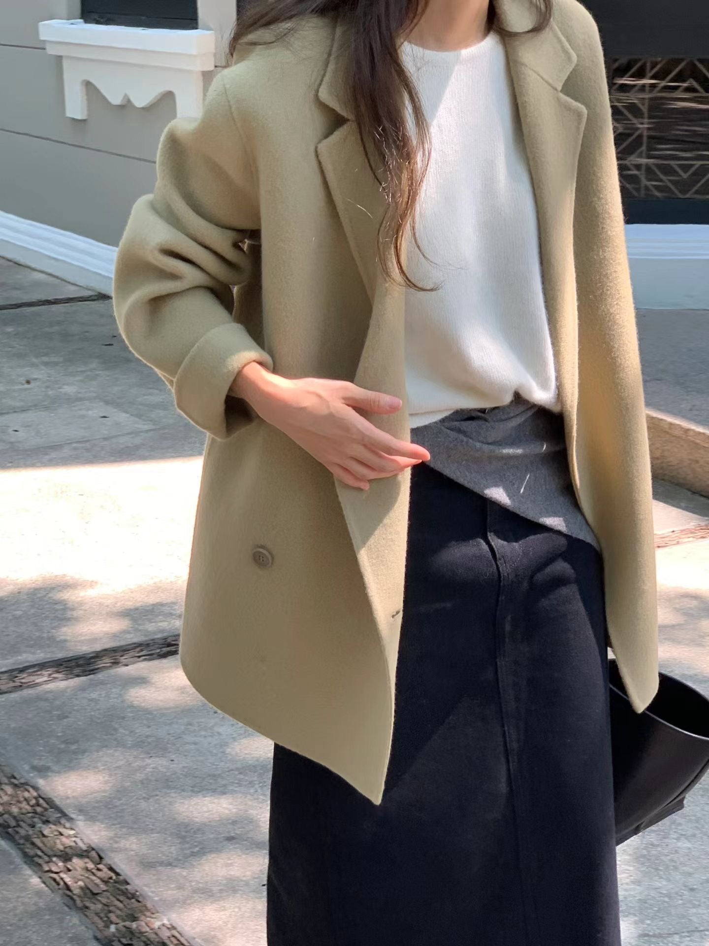 OT21933- 韓國氣質通勤雙排扣羊毛呢大衣外套