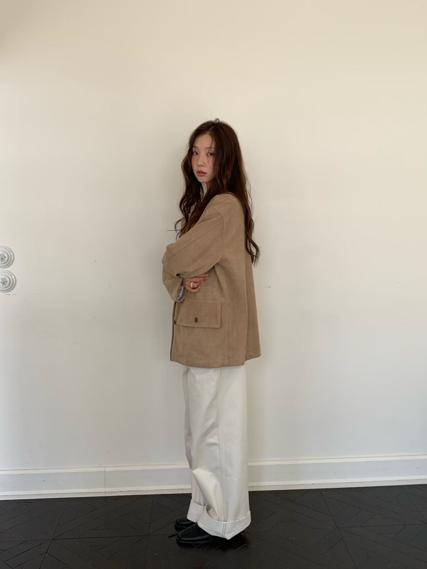 OT22018- 韓國復古寬鬆工裝大口袋翻領高品質防麂皮外套