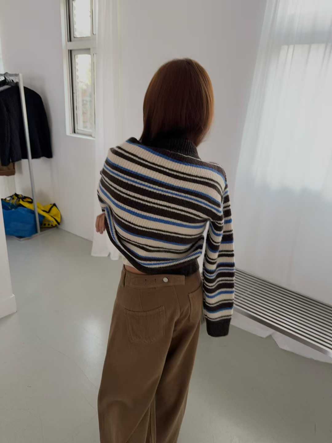 TP22080- 韓國高質感羊駝毛混紡條紋休閒針織外套