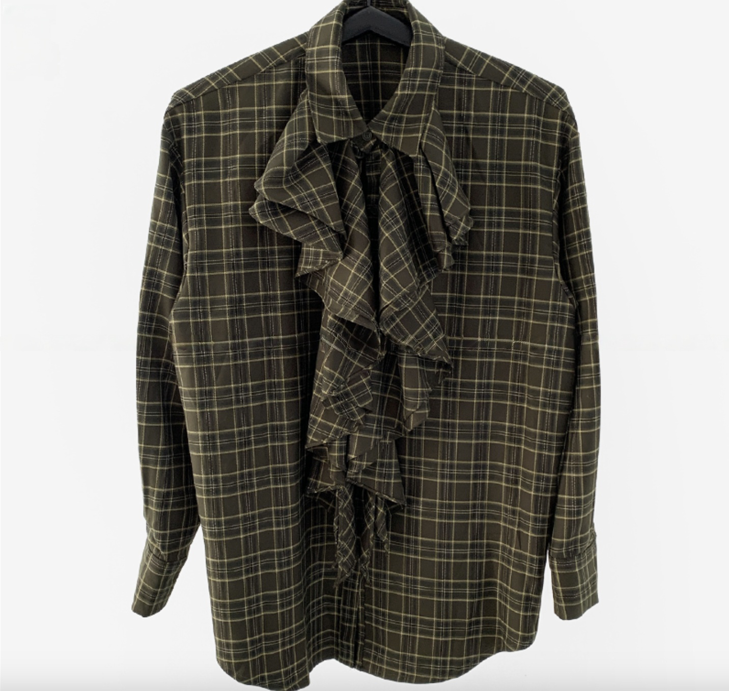 TP22073- 韓國設計師款復古浪漫格紋荷葉邊長袖襯衫