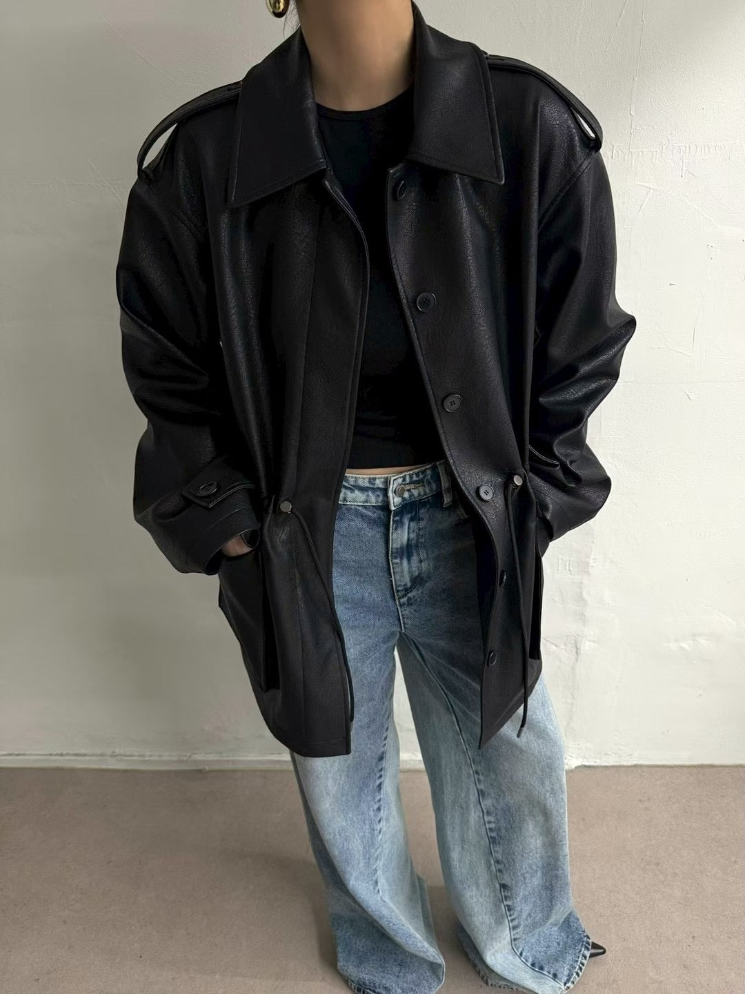 JK22089- 韓國PU皮革寬鬆機車外套