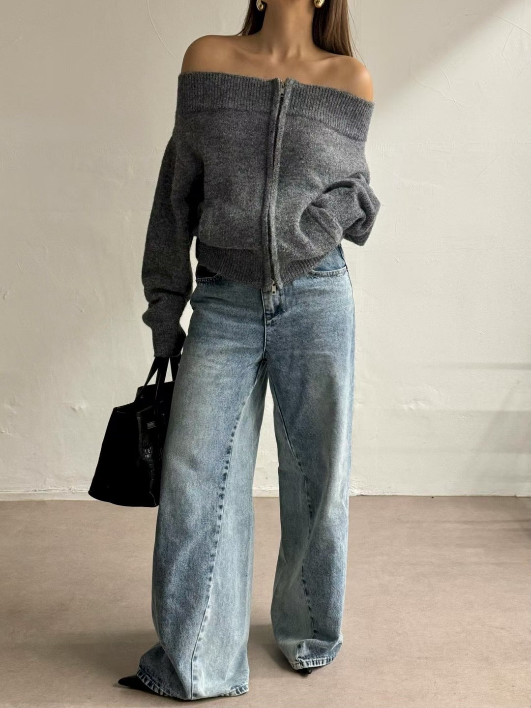 TP22086- 韓國法式羊毛混紡一字領寬鬆長袖毛衣