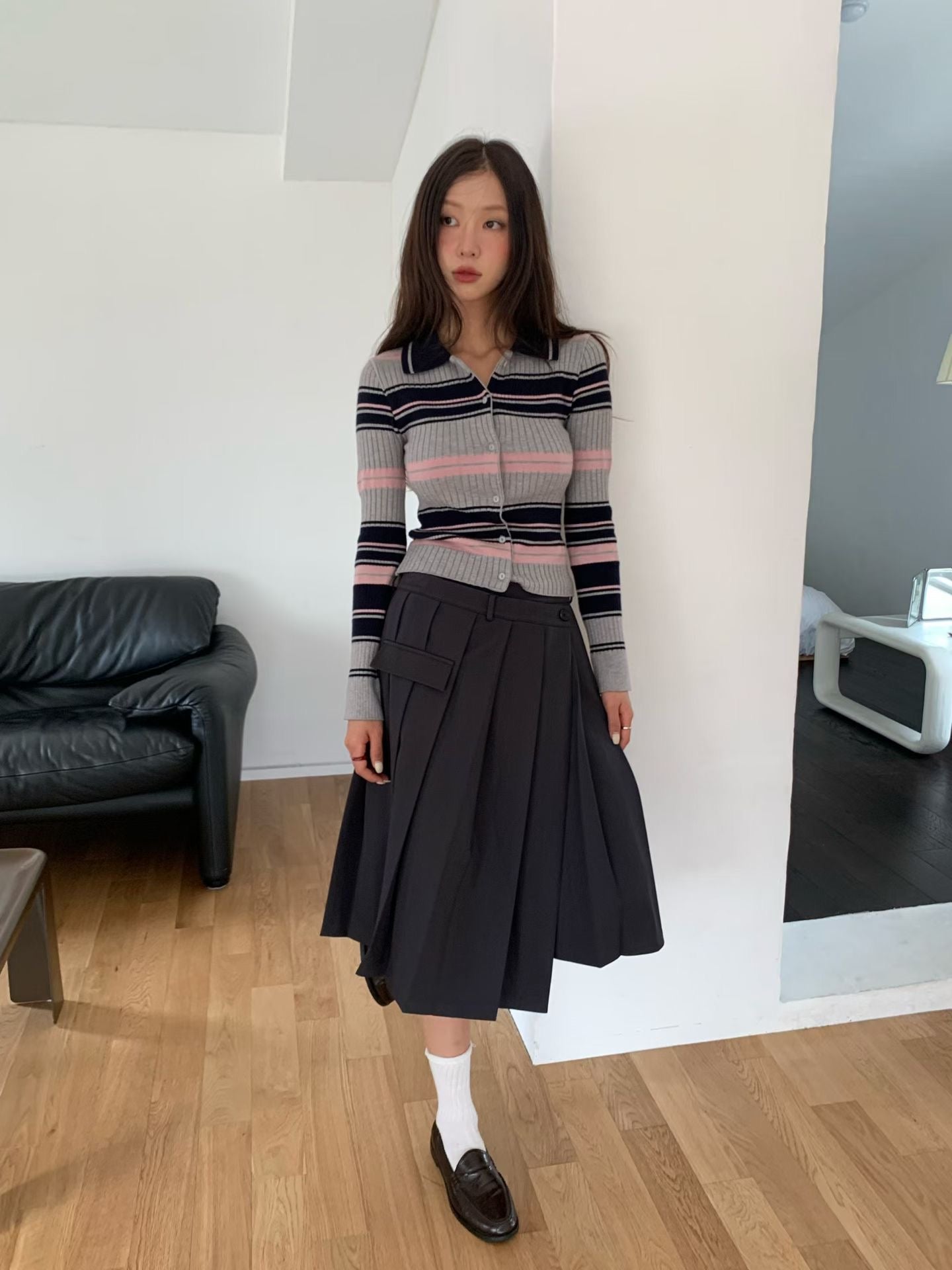 TP22006- 韓國短身復古修身撞色條紋毛衣針織開襟衫