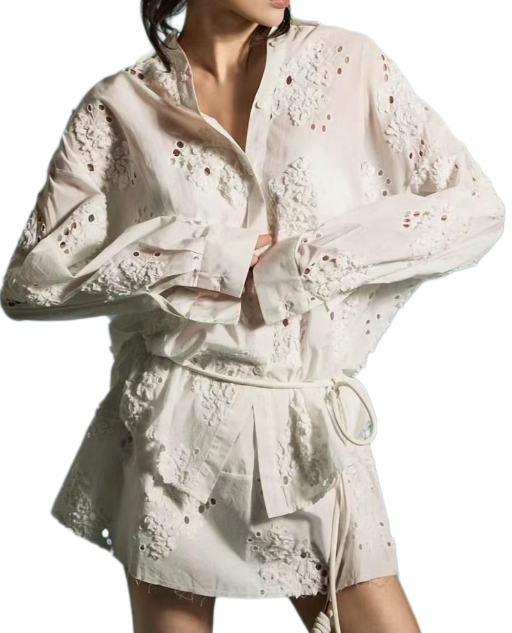 ST21309 - Fresh Embroidered Oversize Shirt and Skirt Set, a Fashionable and Elegant Essential.