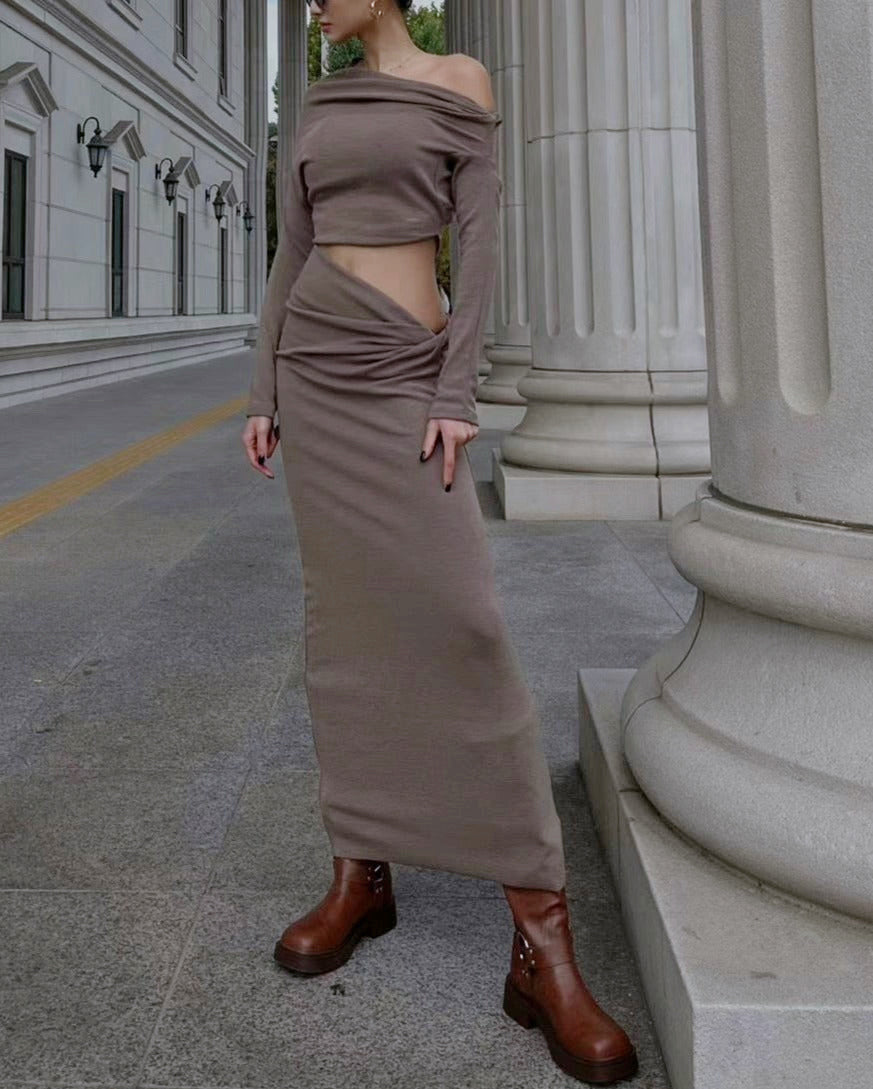 ST11216- FW23 Korean off-shoulder short sexy top with hip-covering long skirt fashion suit