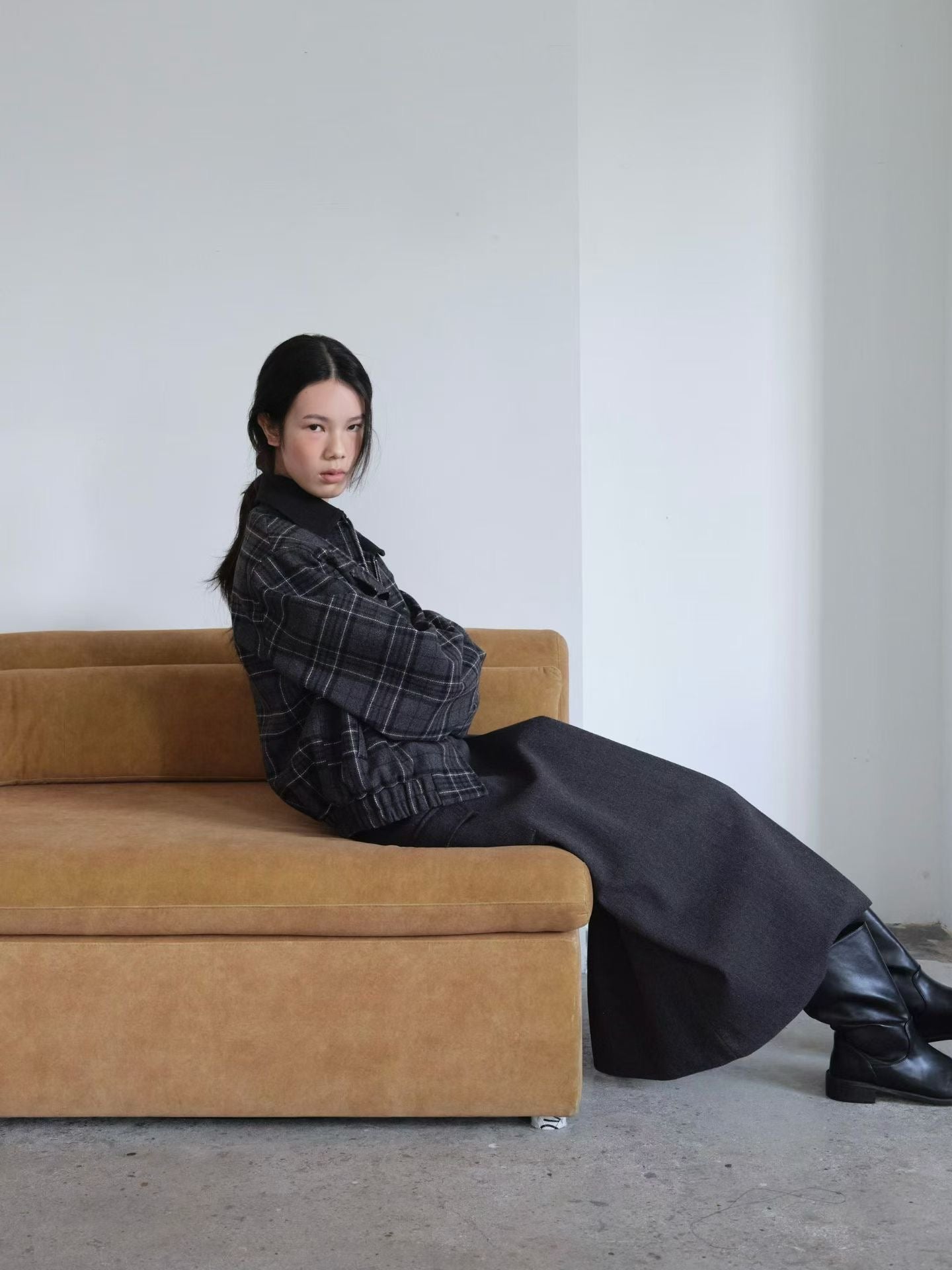 OT22028- 韓國設計師款學院風格紋毛呢短版外套