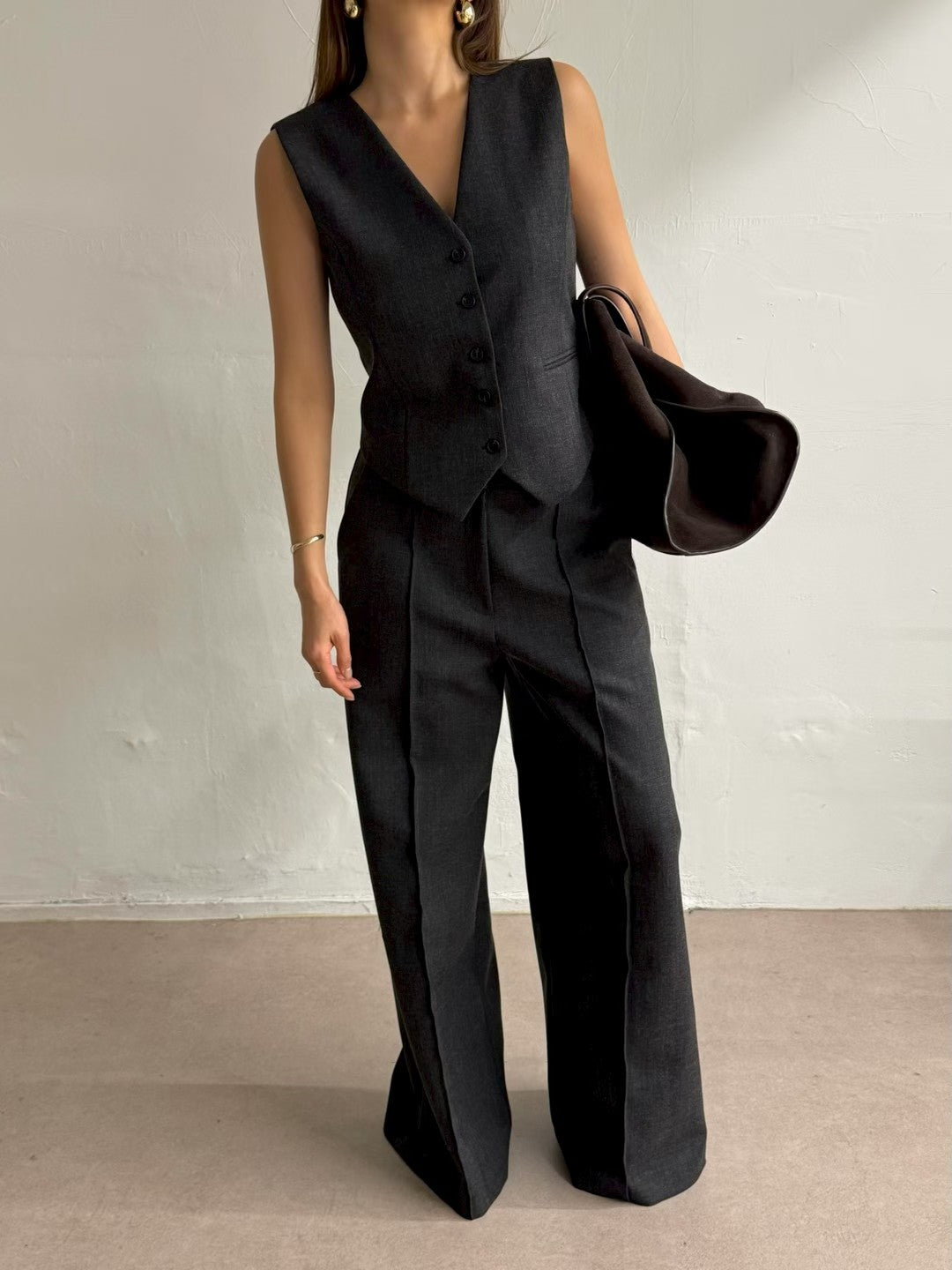 ST22090- 韓國西裝馬甲背心 + 寬鬆直筒褲兩件套